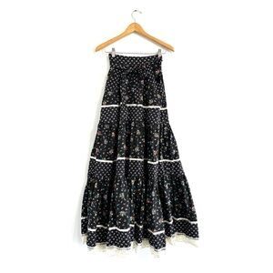 Vintage Gunne Sax Jessica McClintock Floral Black Maxi Skirt pockets tie waist